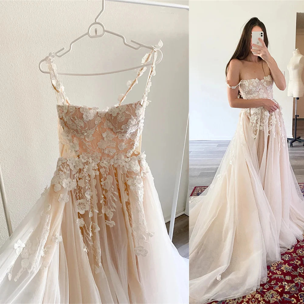 3D Flower Lace Applique Wedding Dress - Two Straps A-Line Bridal Gown 2025 - JStorehub 