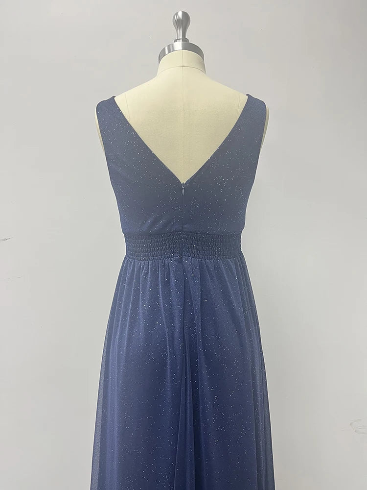 Sparkling Chiffon Double V-Neck A-Line Evening Gown with Side Slit - Bridesmaid Dress - SalmanStore 