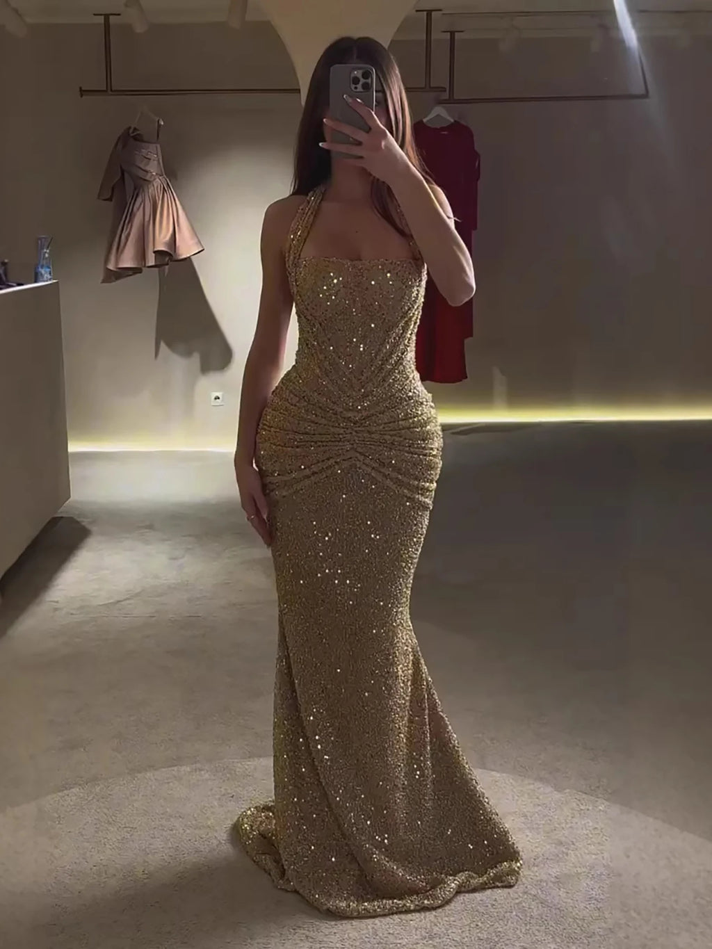 Serene Hill 2026 Luxury Gold Halter Beaded Mermaid Evening Dress - JStorehub 