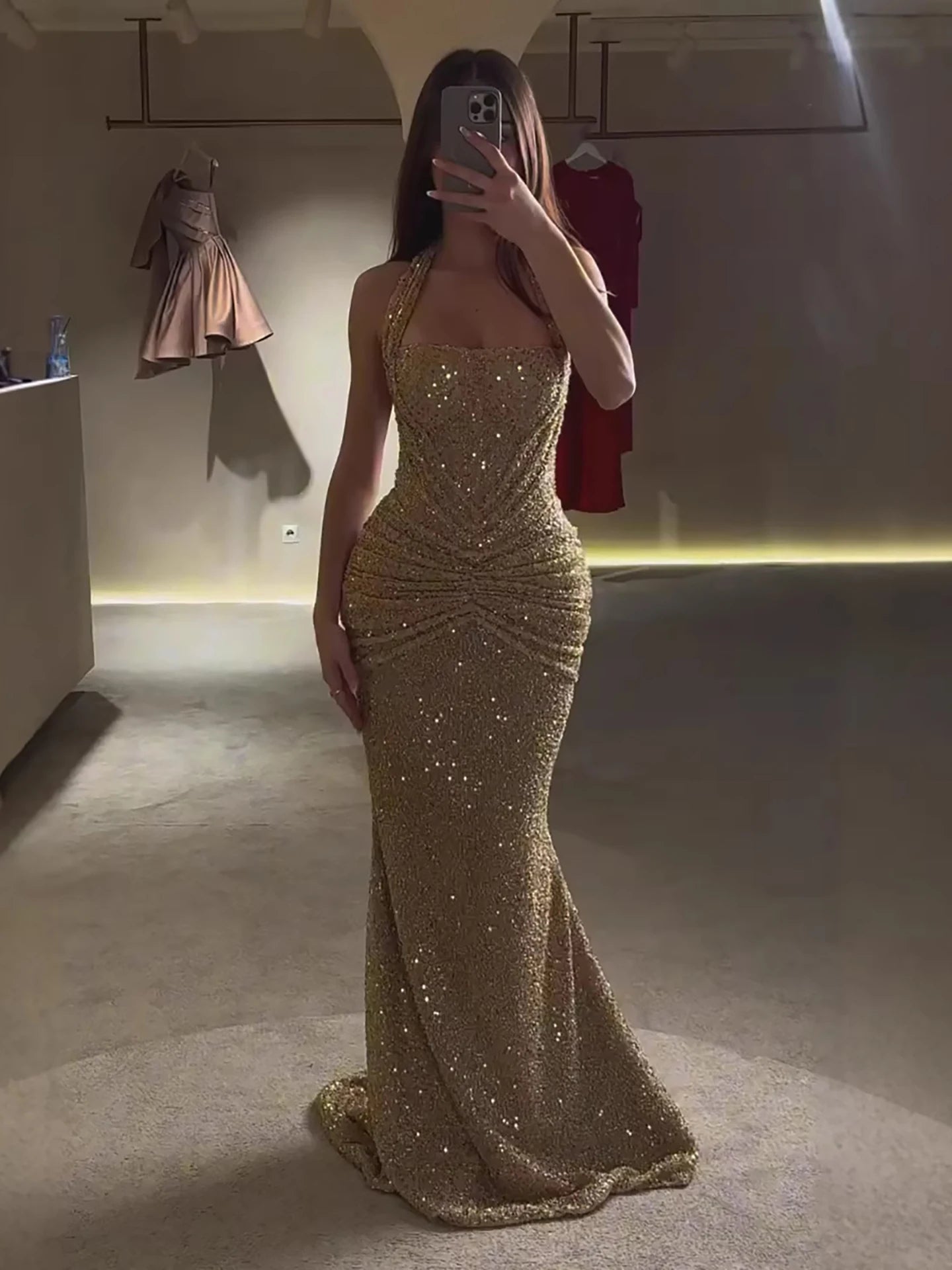 Serene Hill 2026 Luxury Gold Halter Beaded Mermaid Evening Dress - JStorehub 