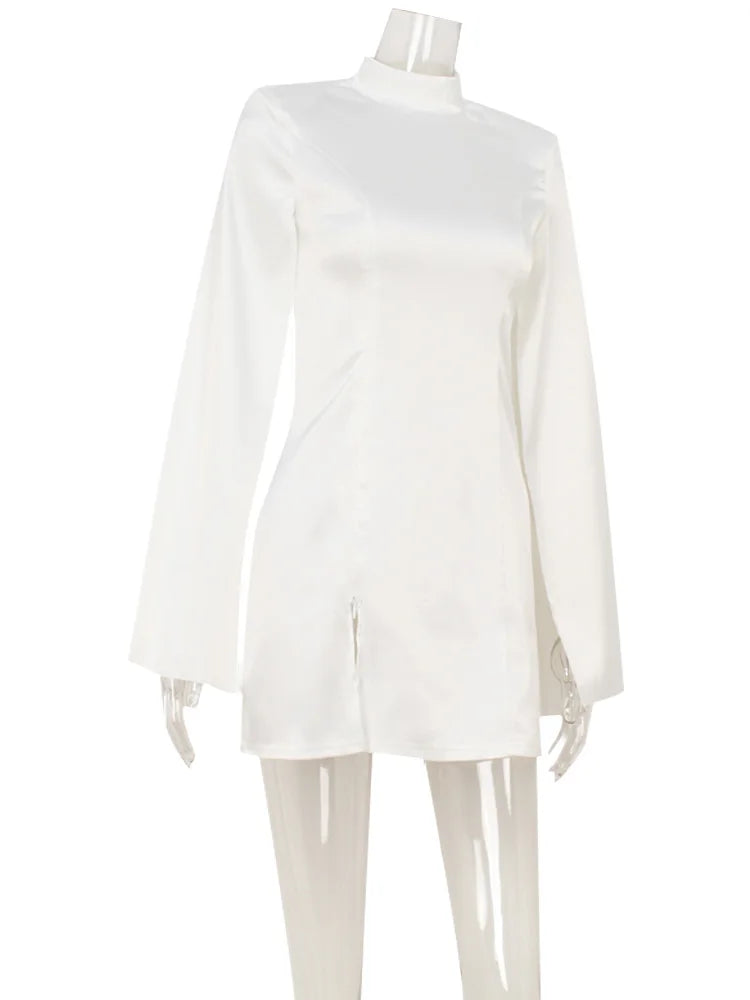 Elegant Mini Dress for Women - Long Flare Sleeve Turtleneck Satin Party Dress - JStorehub 
