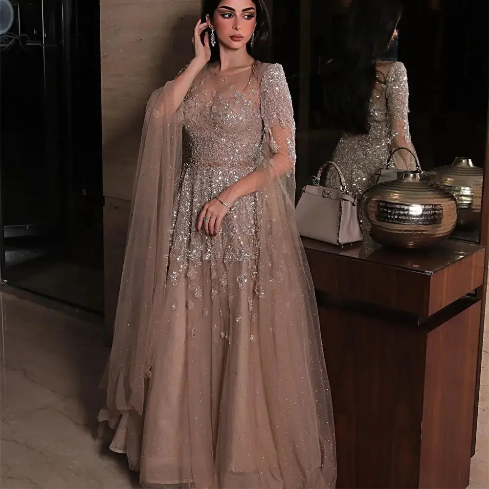 Customized Batwing Sleeve A-Line Sequin Tulle Evening Prom Dress - JStorehub 