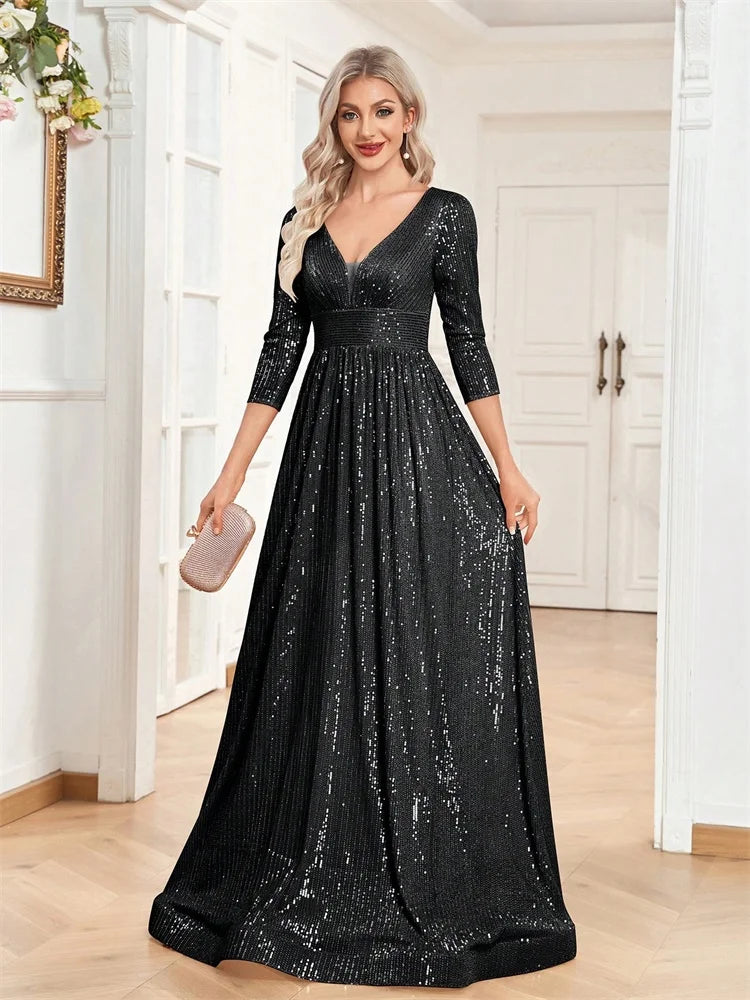 Luxury Blue Sequin Long Sleeve Evening Dress - V-Neck Formal Prom Gown 2025 - JStorehub 