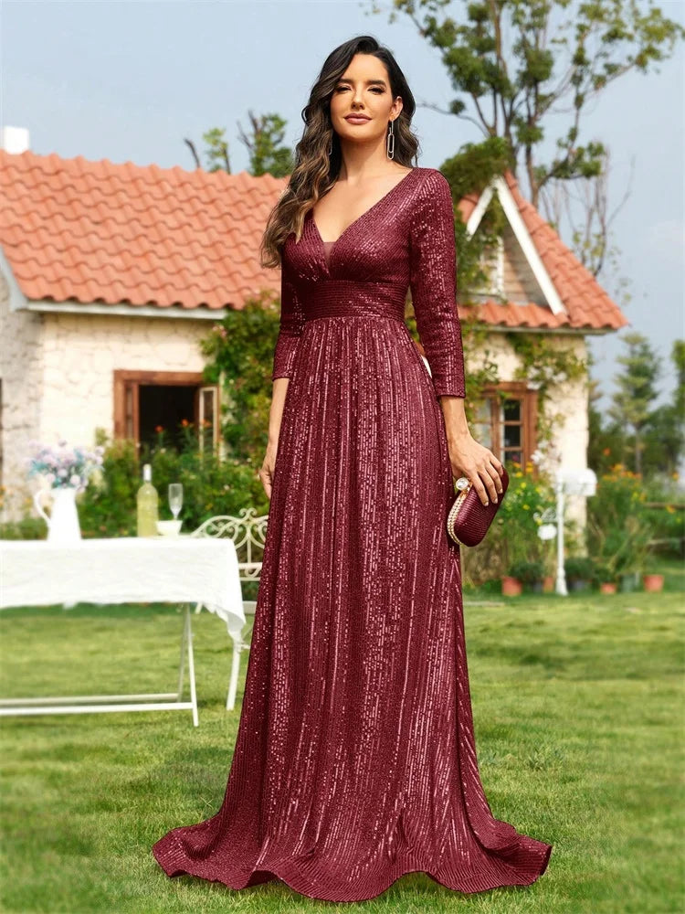 Luxury Blue Sequins V-Neck Long Sleeve Evening Dress - Prom Wedding Gown - SalmanStore 