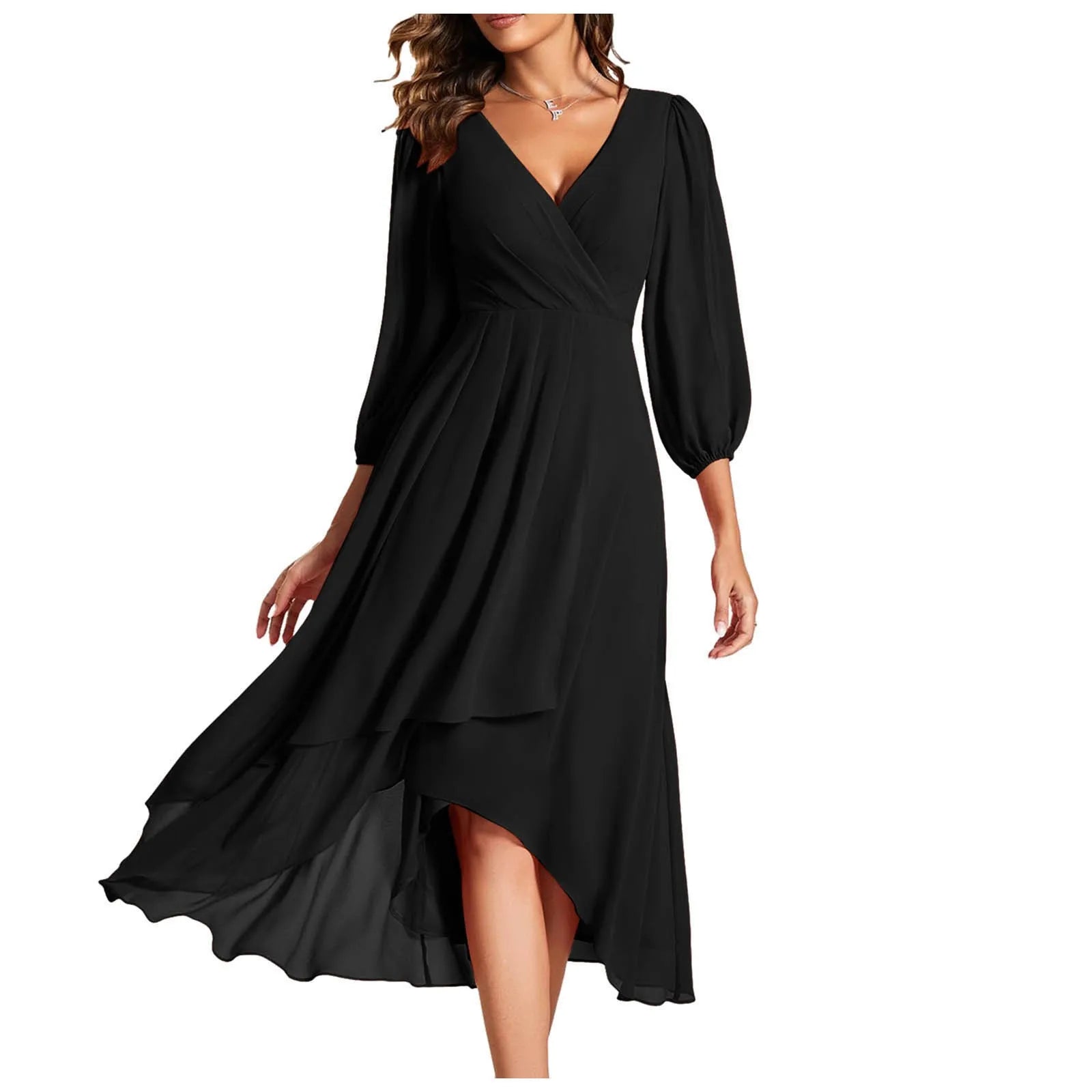 Elegant Navy Blue Chiffon Evening Dress - Long Sleeve Pleated Knee Length - JStorehub 