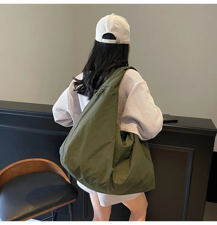 Chic Solid Color Nylon Tote Bag with Multiple Pockets - Large Capacity Shoulder Bag