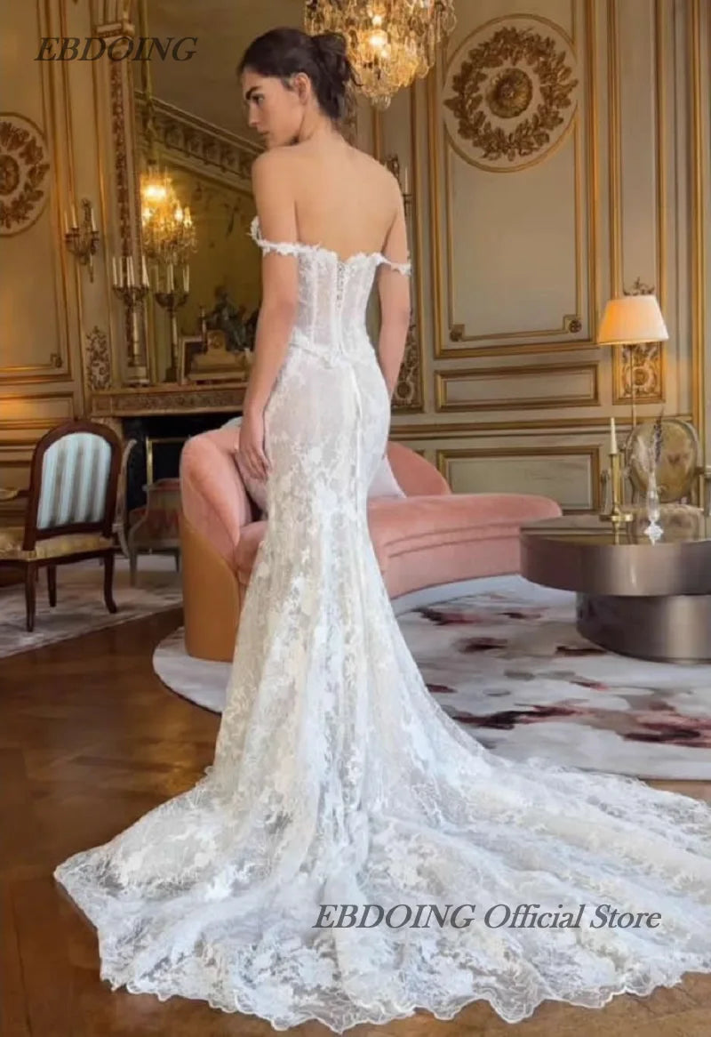 Mermaid Lace Wedding Dress - Boat Neck Basque with Beading Customized Bridal Gown - JStorehub 