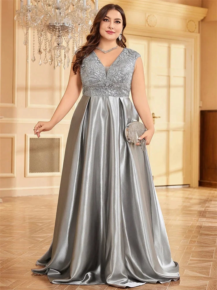 Blueplum Plus Size Gold Satin V-Neck Sequin Evening Dress 2025 - JStorehub 