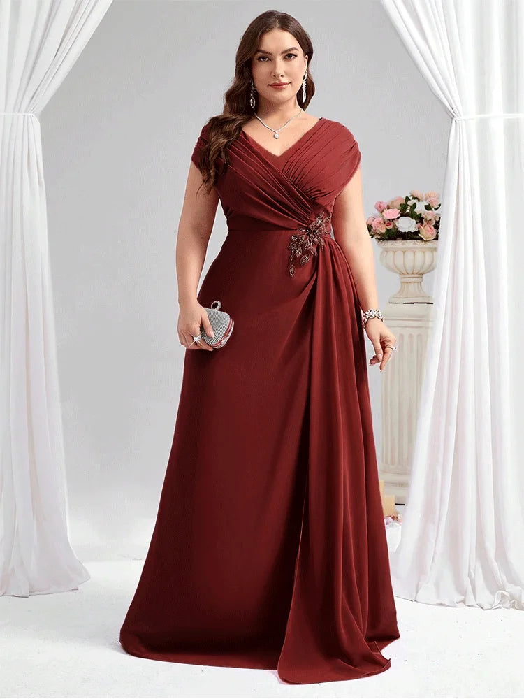 Plus Size Wine Red Chiffon Evening Dress - Luxury 4XL 5XL Mother of Bride Gown - JStorehub 