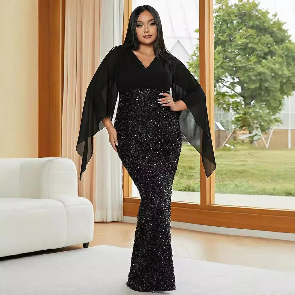 2024 Chiffon Sequin Spliced Deep V Long Evening Prom Gown - JStorehub 