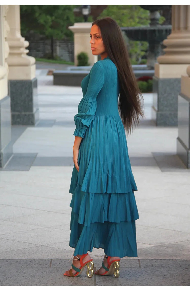 Miyake Pleated Lantern Sleeve Dress - Solid Color Lotus Edge Long Skirt - JStorehub 