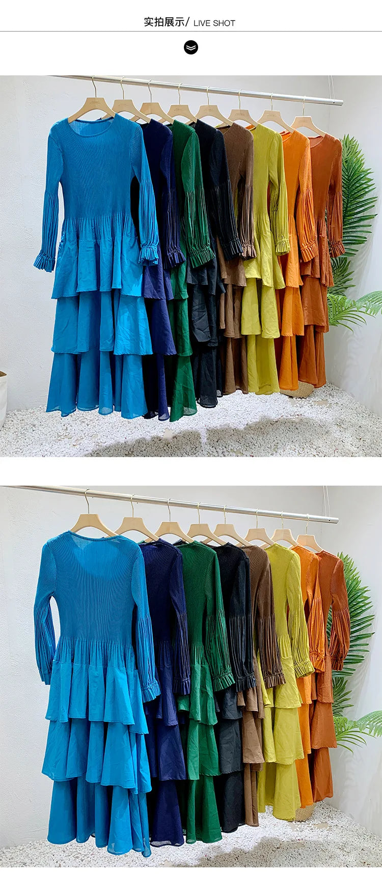 Miyake Pleated Lantern Sleeve Dress - Solid Color Lotus Edge Long Skirt - JStorehub 