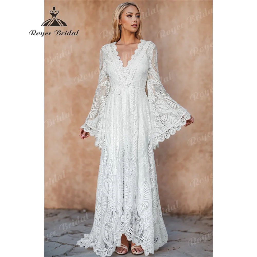 Boho V-Neck A-Line Wedding Dress 2025 - Lace Court Train Bridal Gown - JStorehub 