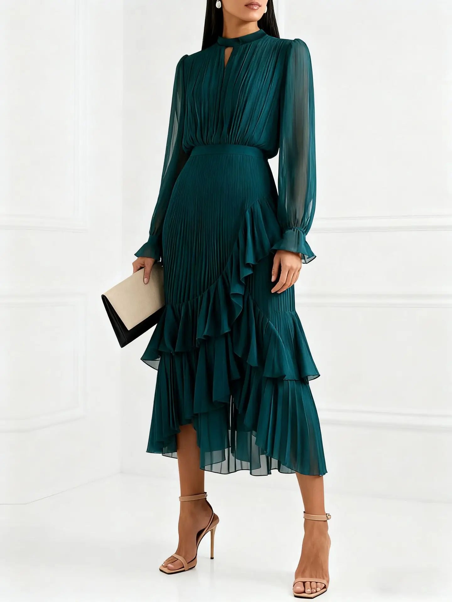 Ruffle Long Sleeve Layered A-Line Dress - Chic Spring Summer Pleated Gown - SalmanStore 