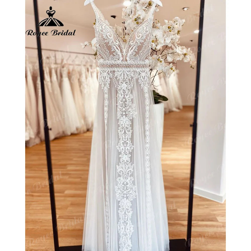 Boho Beach Lace Wedding Dress 2026 - V-Neck Backless Summer Bridal Gown - JStorehub 