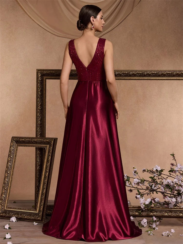 Elegant Sequin Evening Dress for Women - Deep V-Neck Satin Prom Gown 2024 - JStorehub 