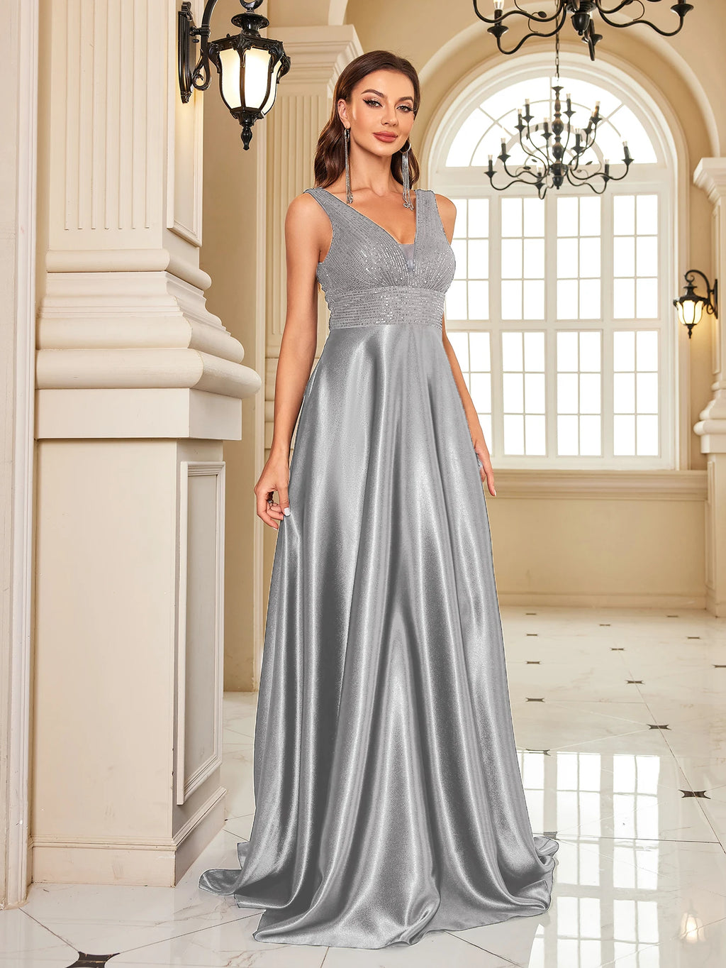 Elegant Sequin Evening Dress for Women - Deep V-Neck Satin Prom Gown 2024