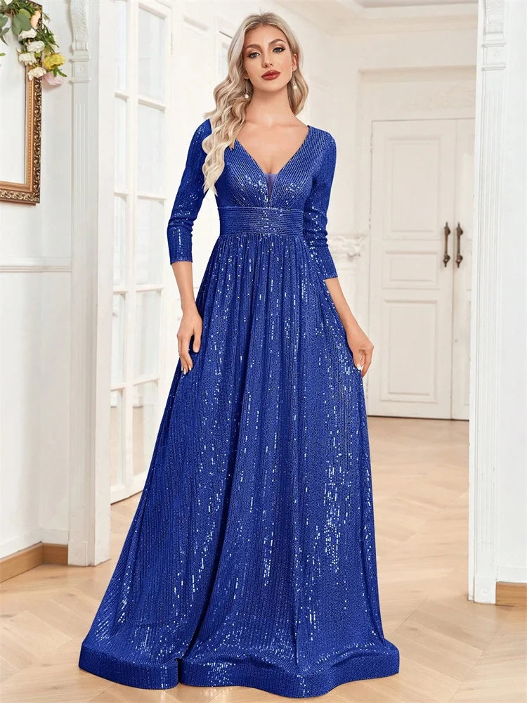 Luxury Blue Sequin Long Sleeve Evening Dress - V-Neck Formal Prom Gown 2025 - JStorehub 