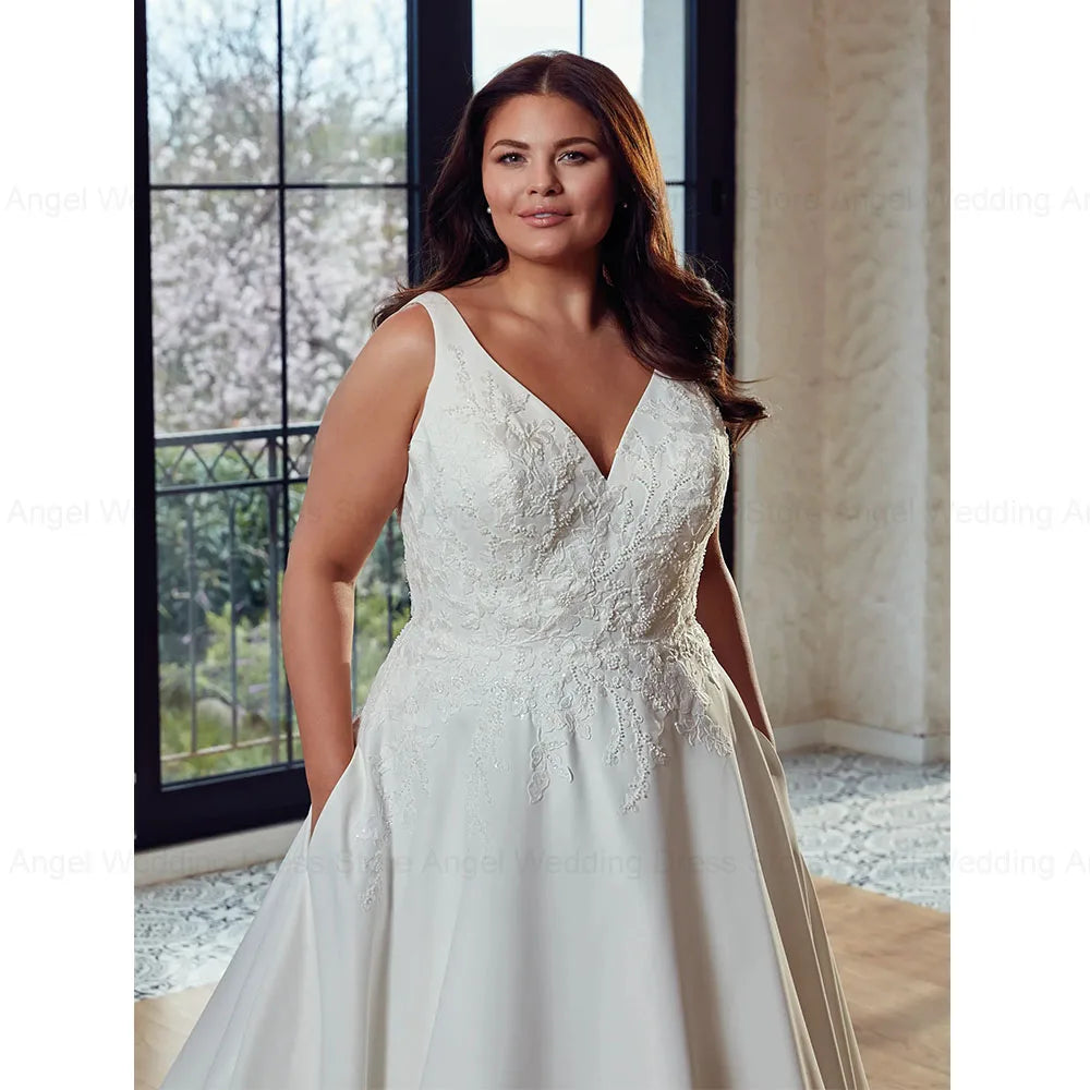 Plus Size A-Line Wedding Dress 2025 - V-Neck Sleeveless Applique Bridal Gown - JStorehub 