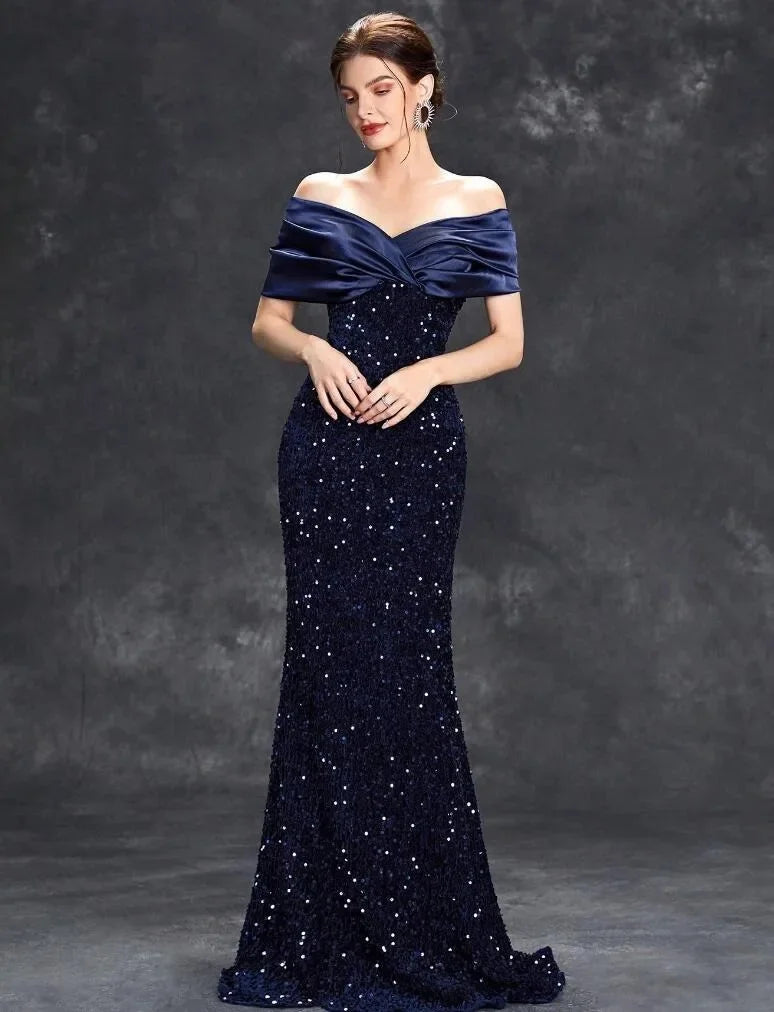 Slim Fit One Shoulder Sequin Evening Gown - A-Line Floor Length Party Dress - JStorehub 