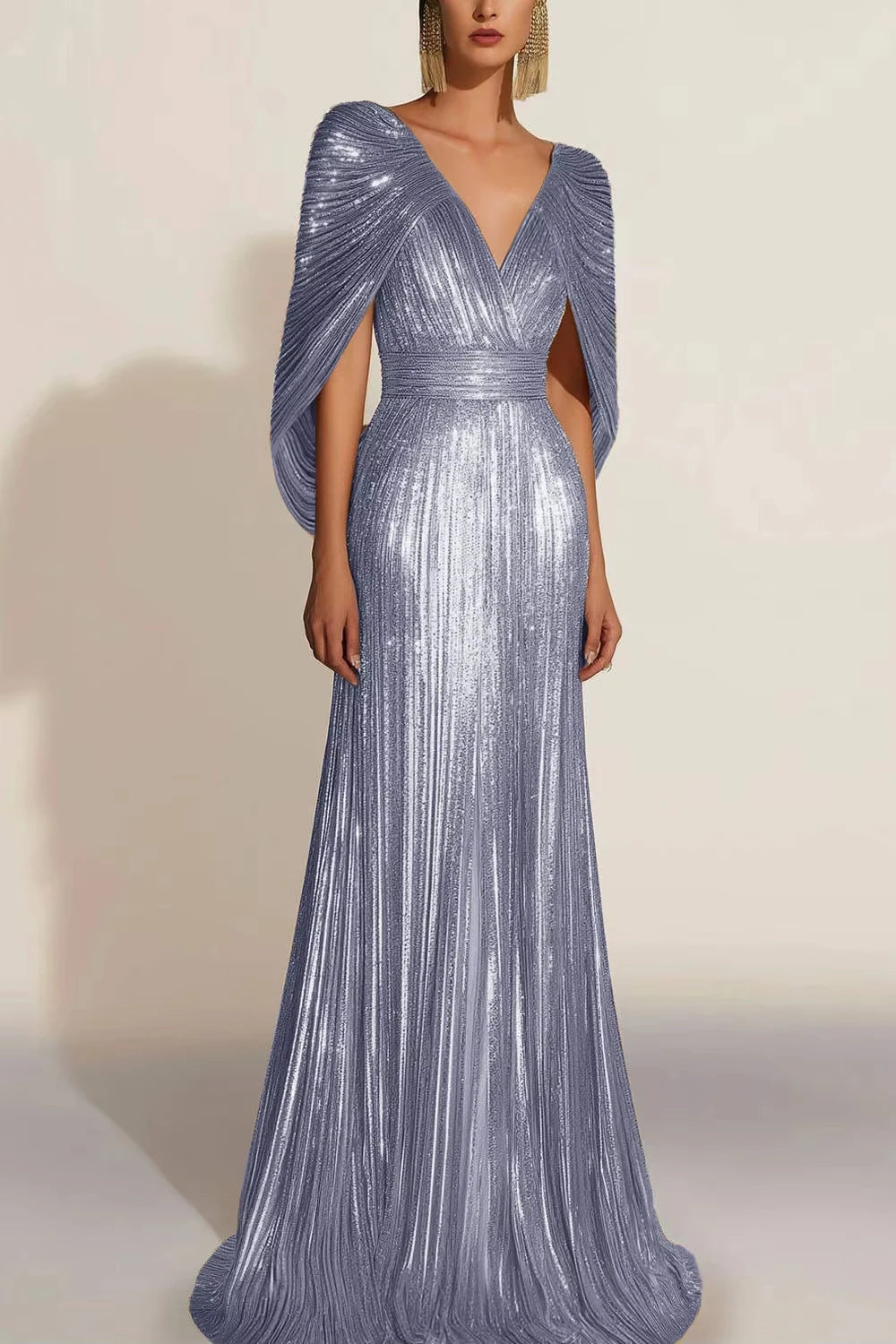 Gold V-Neck A-Line Glitter Prom Dress with Shawl - Floor Length - JStorehub 