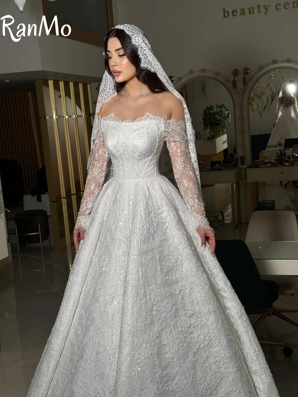 Exquisite Long Sleeve Sparkly Wedding Dress - Off Shoulder Backless Ball Gown - JStorehub 