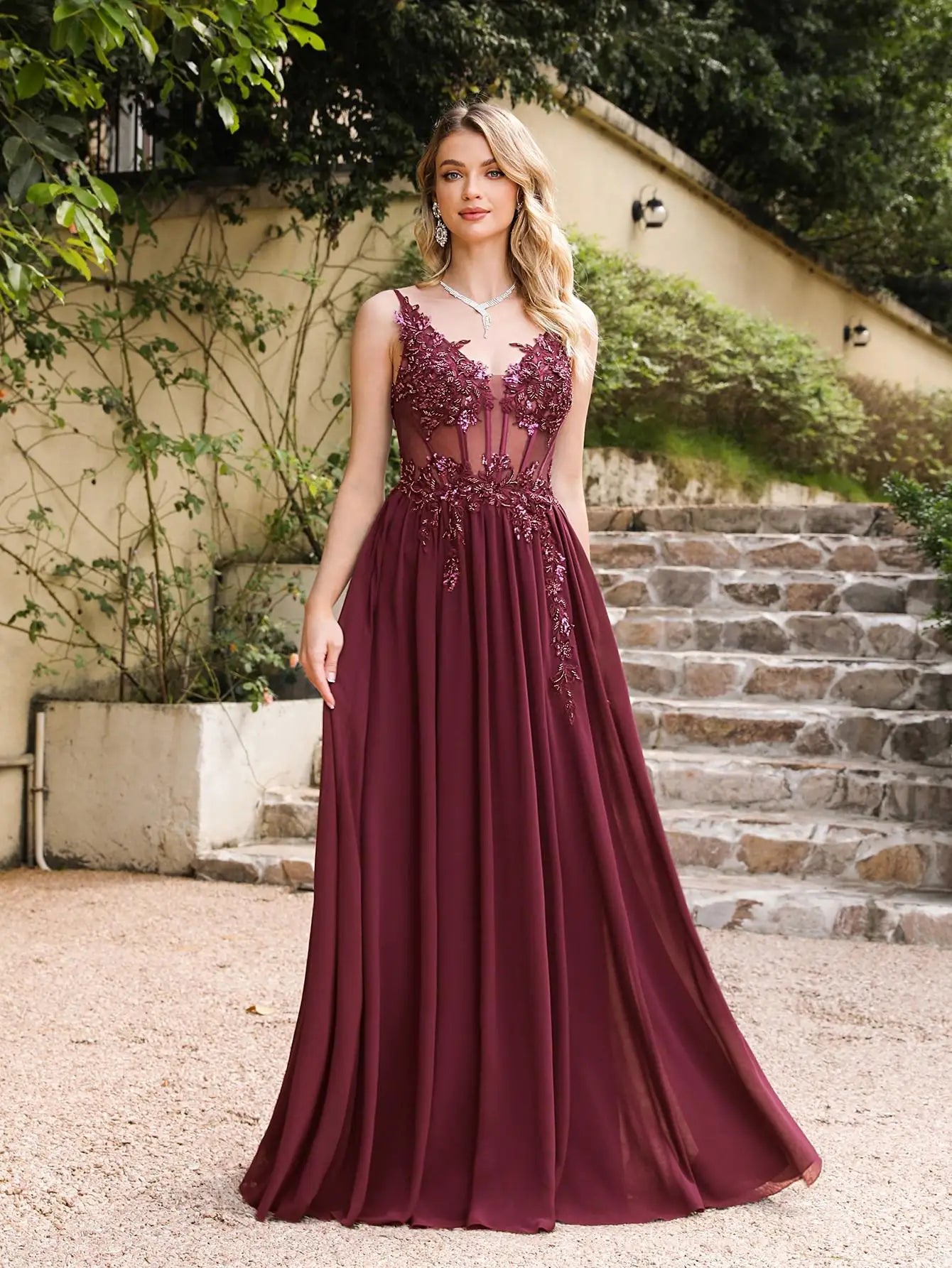 Navy Blue Beaded A-Line Evening Dress - Spaghetti Straps Illusion Prom Gown