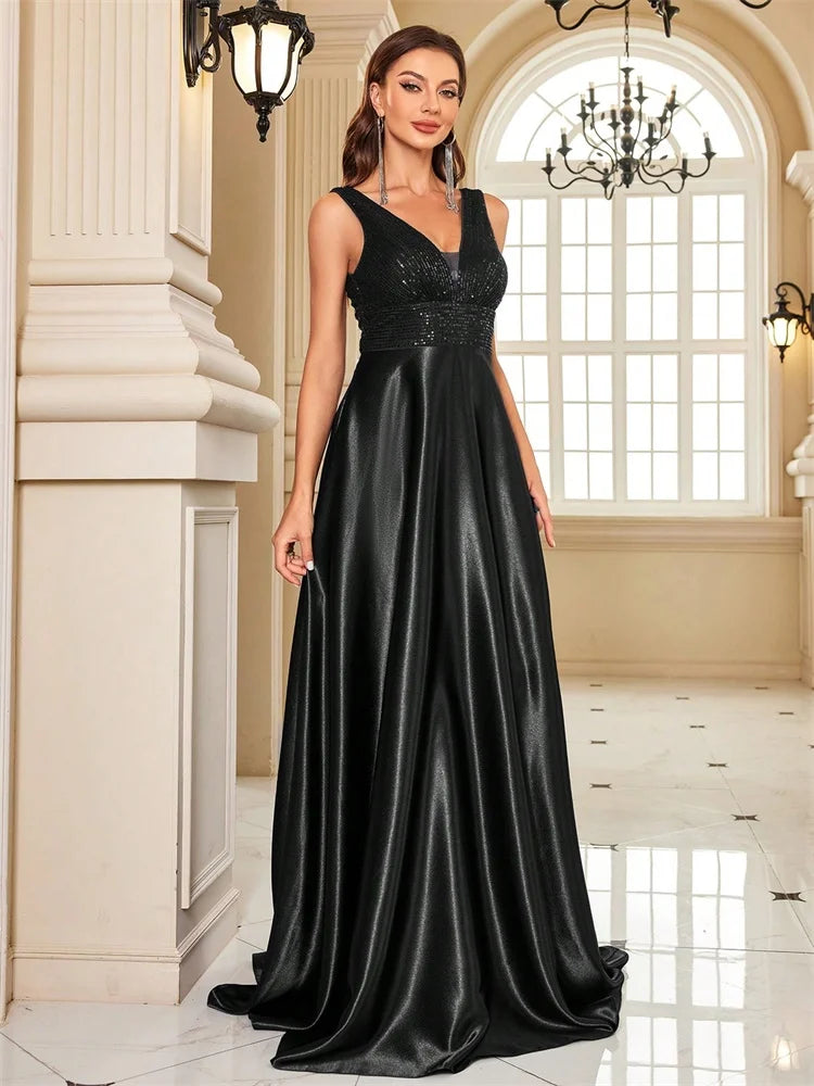 Elegant Sequin Evening Dress for Women - Deep V-Neck Satin Prom Gown 2024 - JStorehub 