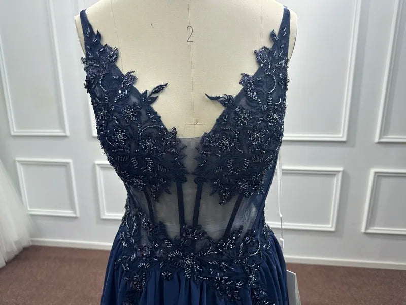 Navy Blue Beaded A-Line Evening Dress - Spaghetti Straps Illusion Prom Gown - SalmanStore 