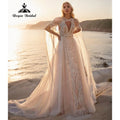 Hippie Flowy Lace Boho Wedding Dress with Cape - Backless Bohemian Bridal Gown - JStorehub 