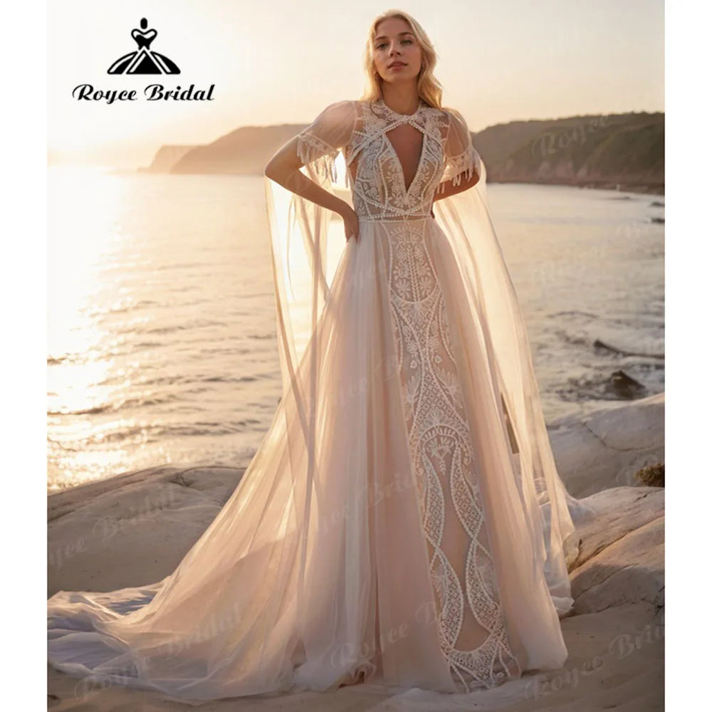 Hippie Flowy Lace Boho Wedding Dress with Cape - Backless Bohemian Bridal Gown - JStorehub 