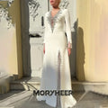 Moryheer Sparkly Rhinestone Satin Evening Dress - O-Neck Long Sleeve Slit Gown - JStorehub 