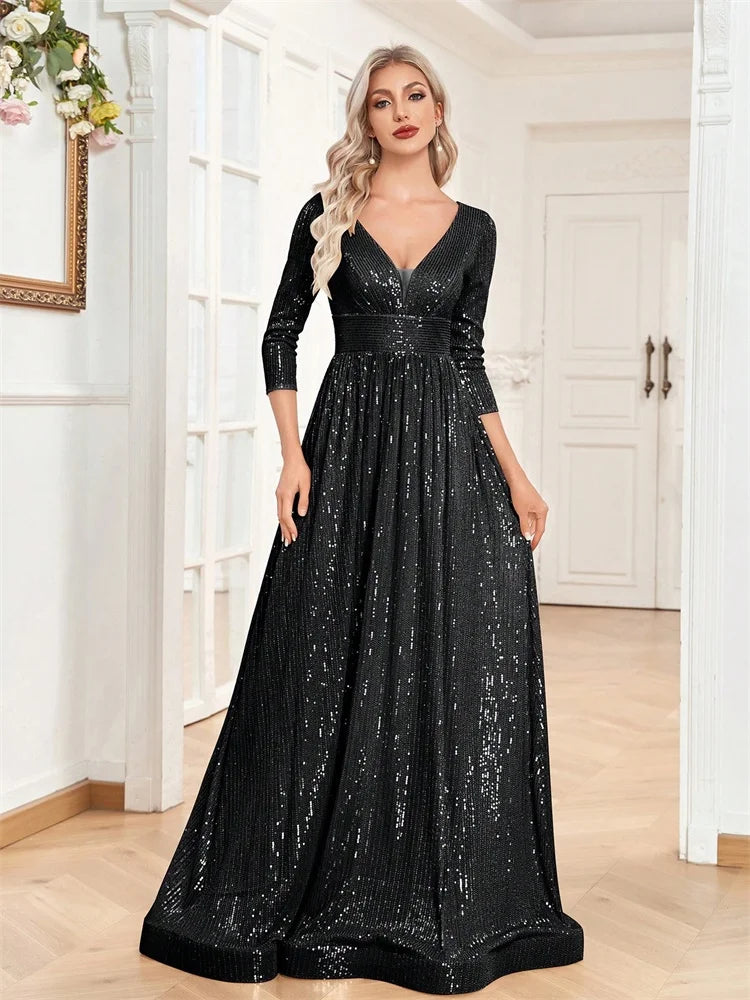Luxury Blue Sequins V-Neck Long Sleeve Evening Dress - Prom Wedding Gown - SalmanStore 