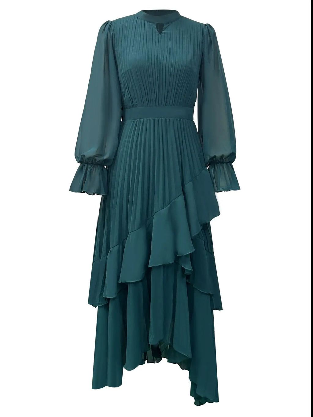 Ruffle Long Sleeve Layered A-Line Dress - Chic Spring Summer Pleated Gown - SalmanStore 