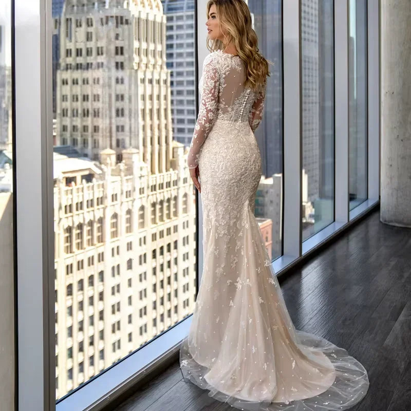 Elegant Long Sleeve V-Neck Mermaid Wedding Dress - 2-in-1 Detachable Tail Bridal Gown - JStorehub 