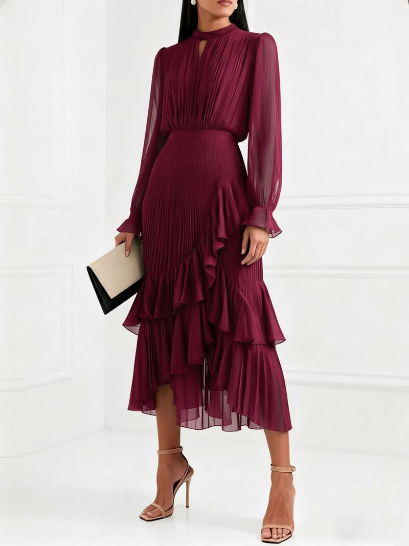 Ruffle Long Sleeve Layered A-Line Dress - Chic Spring Summer Pleated Gown - SalmanStore 