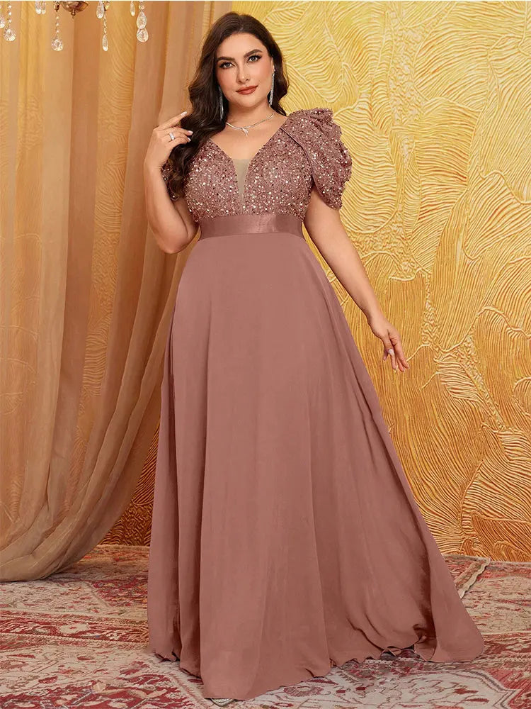 Plus Size Lotus Pink Sparkling Puff Sleeve Evening Dress 4XL 5XL - JStorehub 