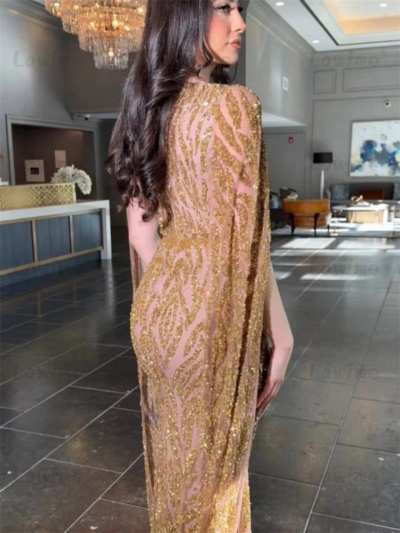 Gold Beaded Glitter Sequin Mermaid Evening Dress with Cape Sleeves - JStorehub 