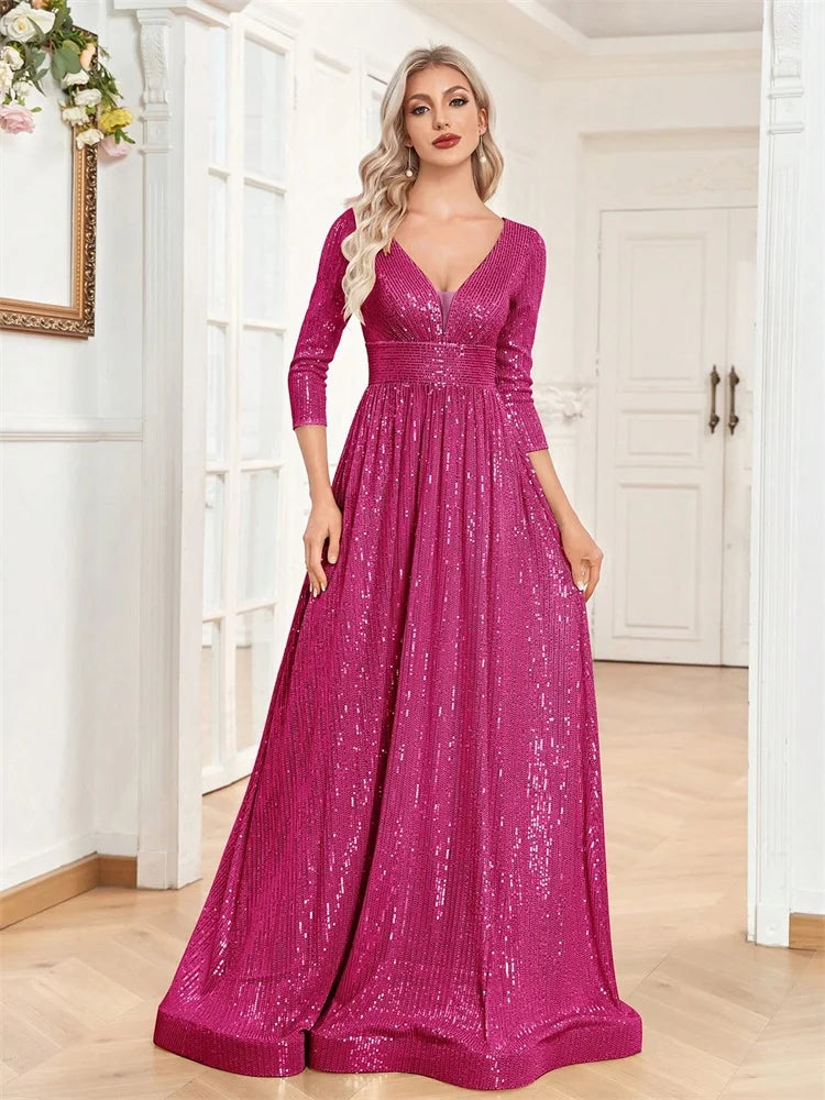 Luxury Blue Sequins V-Neck Long Sleeve Evening Dress - Prom Wedding Gown - SalmanStore 