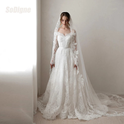 A-Line Off-Shoulder Lace Wedding Dress 2026 - Long Sleeve Boho Bridal Gown - JStorehub 