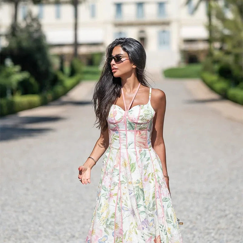 Elegant Printed Flower Women's Dress Contrast Sleeveless Halter Waist-Closed A-Line Lady Dresses Summer Fashion Vacation Robe