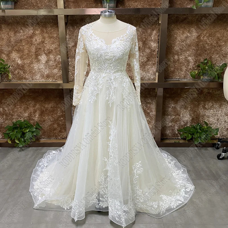 Elegant O-Neck Wedding Dress - Lace-Up A-Line Applique Tulle Long Sleeve Gown - JStorehub 