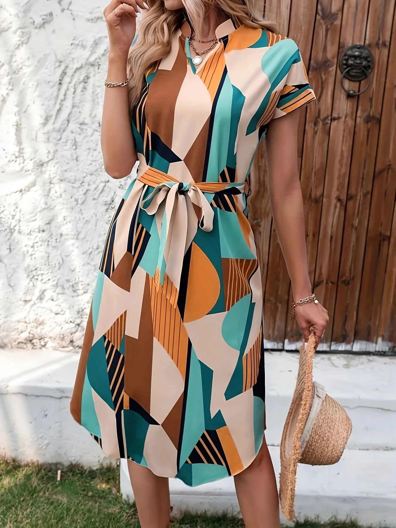 Elegant Full Print Bat Wing Sleeve Belt Dress for Women - Summer Fashion - JStorehub 