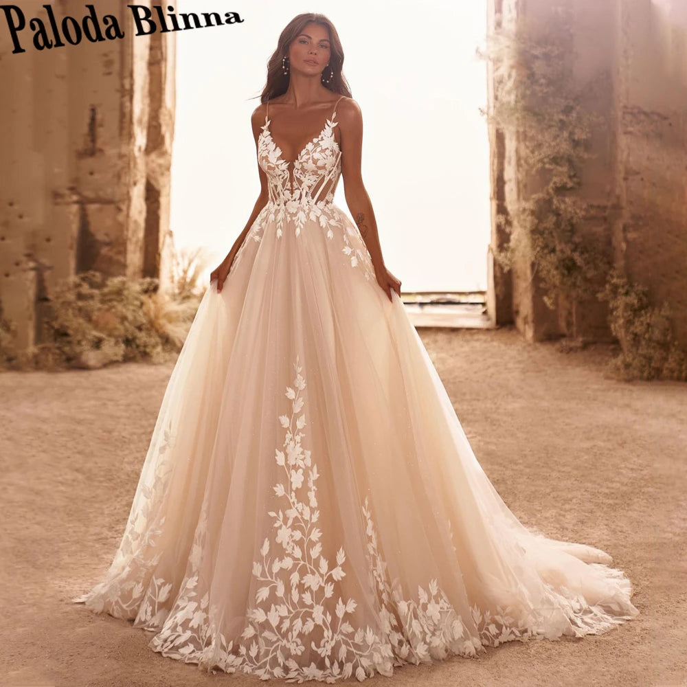 Spaghetti Straps Glitter Wedding Dress - V-Neck Applique Backless Boho Gown - JStorehub 