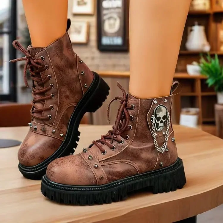 Women's Punk Ankle Boots - Platform Buckle Lace-Up Block Heel Shoes