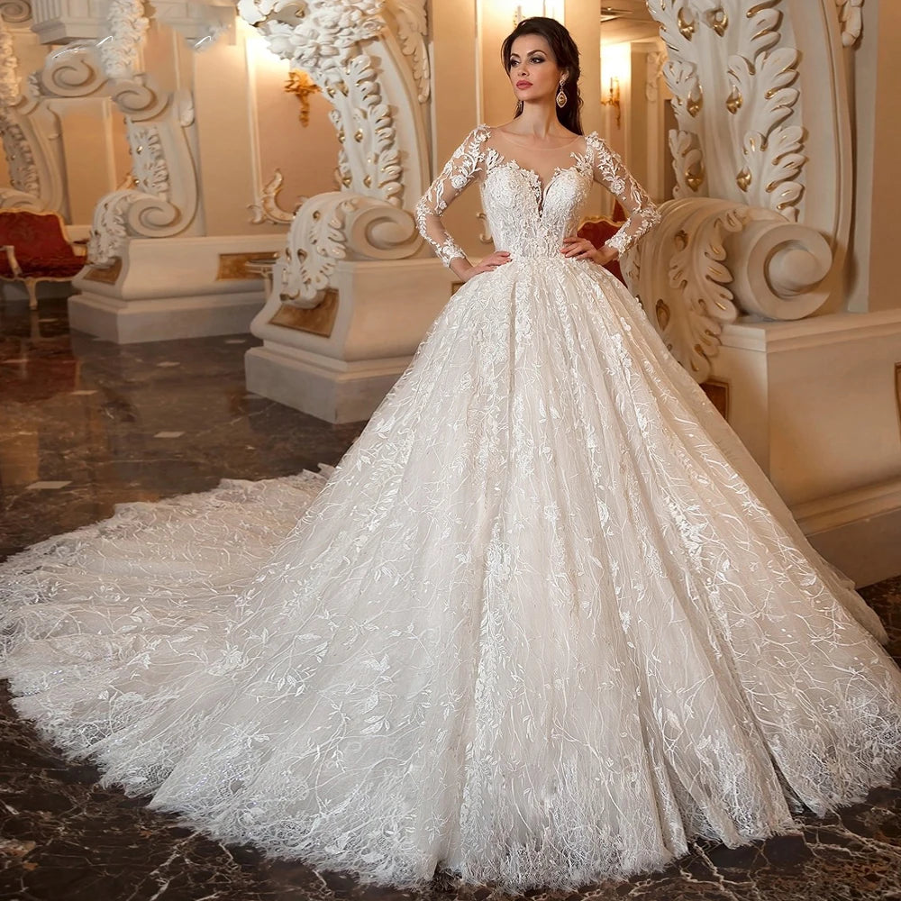 Luxury Embroidered Lace Ball Gown Wedding Dress - O-Neck Full Sleeve Bridal Gown - JStorehub 