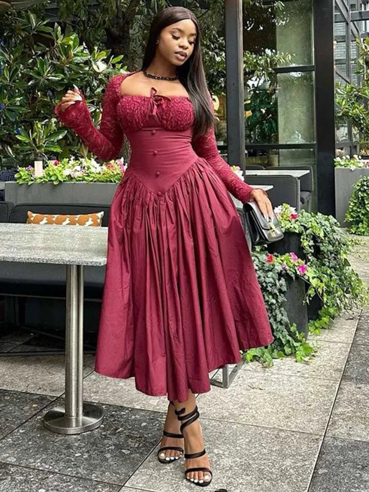 Women Dresses: Elegant Hollow Out Lace French Dress - Salman Store
