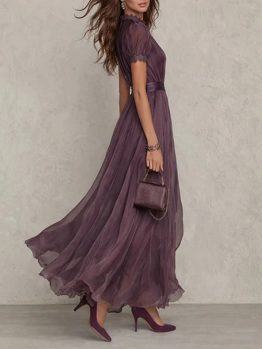 Vintage Hollow Out Maxi Dress - Stand Collar Lantern Sleeve Pleated Tunic - JStorehub 
