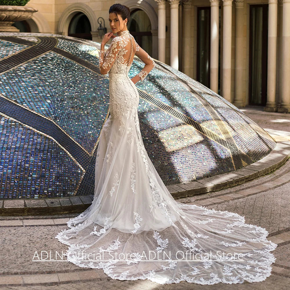 Court Train Mermaid Wedding Dress - Customized Long Sleeve Illusion Lace Bridal Gown - JStorehub 