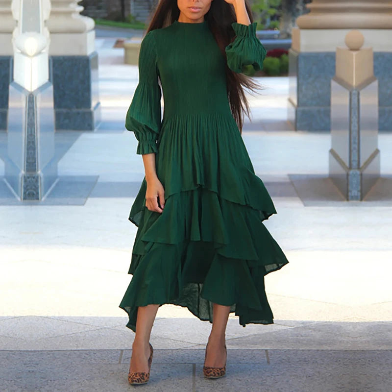 Miyake Pleated Lantern Sleeve Dress - Solid Color Lotus Edge Long Skirt - JStorehub 